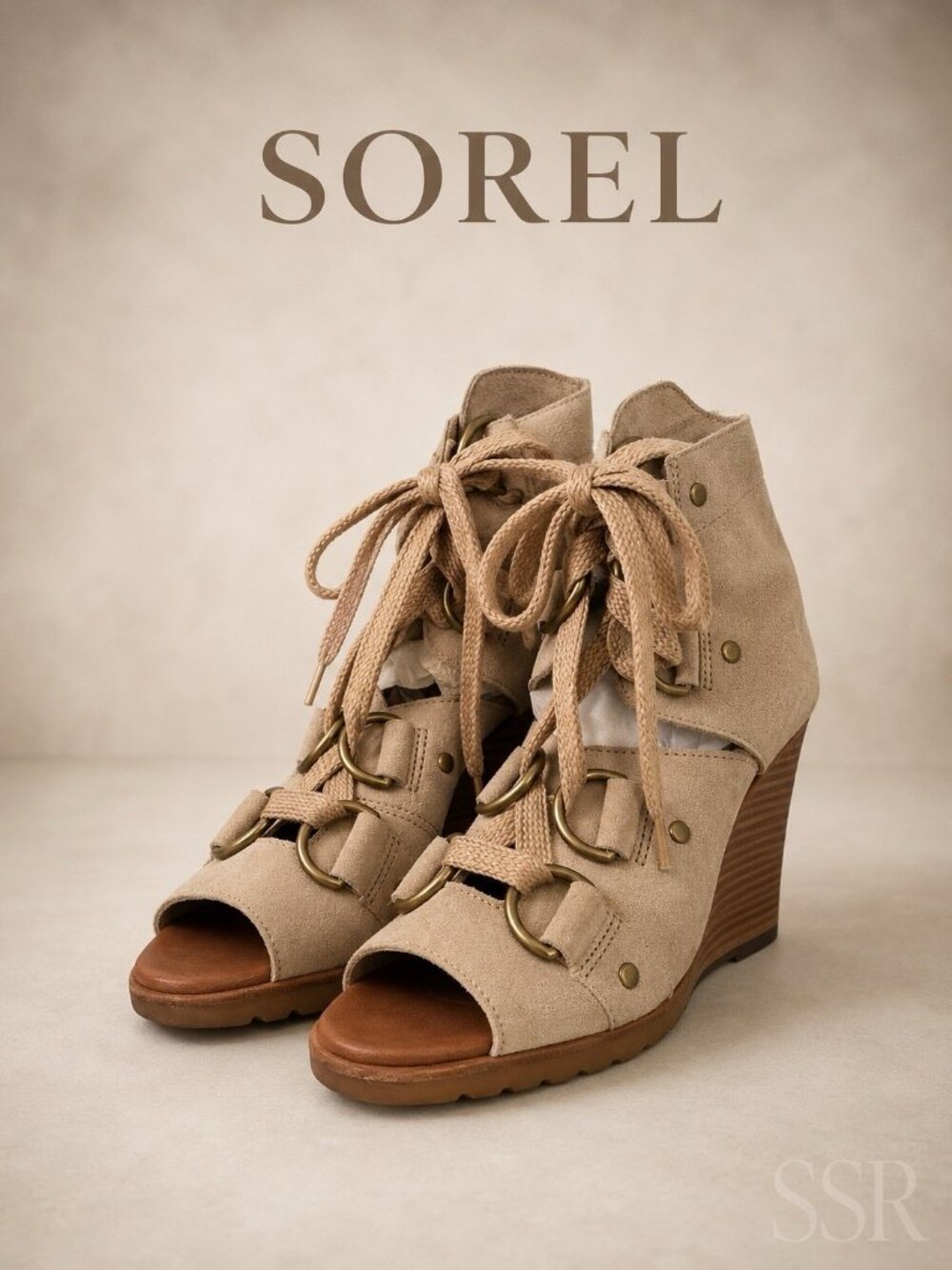 SOREL After Hours Nadia Lace Up Wedge Sandals Tan Suede Open Toe Booties Size 9